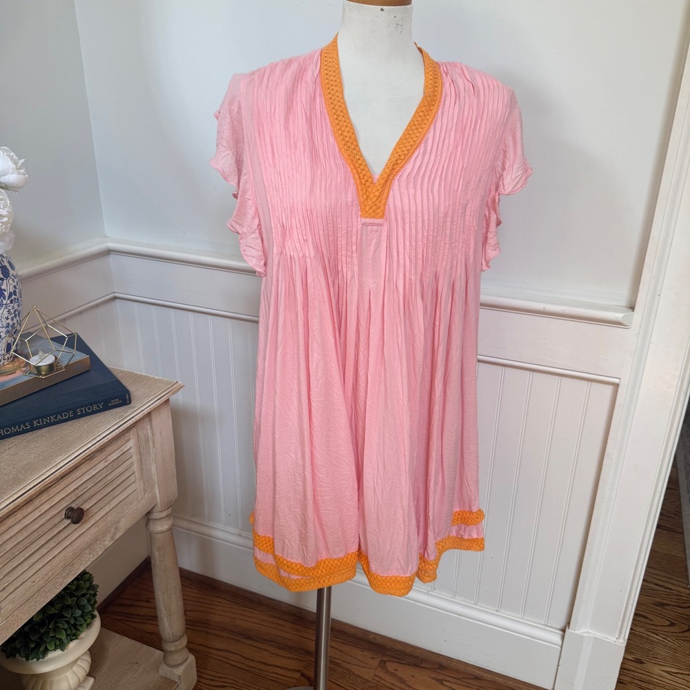 Navybleu Pink Pleated Babydoll Mini Dress Orange Crochet Trim Womens Medium